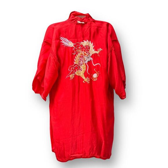 Vintage Red Satin Dragon Robe Short Kimono Aloha Hawaii Embroidered Rayon S - Picture 5 of 13